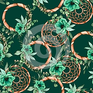 Boho-chic design featuring mystical dreamcatchers and lush floral elements.