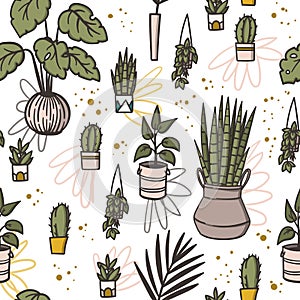 Boho chic style house plant decor doodle style hand drawn seamless pattern.