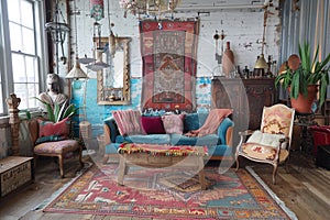 Boho chic urban living room with vintage furniture and eclectic accessories