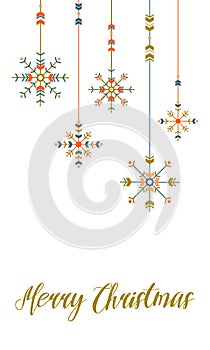 Boho Christmas greeting card. Hand drawn vector illustration in boho style. Snowflakes and lettering.