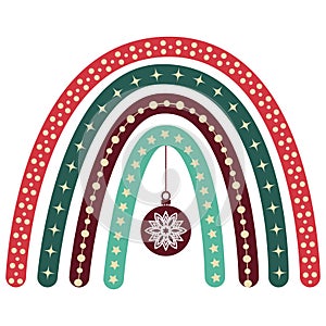 Boho Christmas rainbow with Christmas ball, snowflakes, stars, vector.