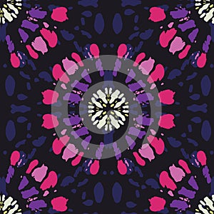 Boho Colorful Tie-Dye Shibori Mirrored Sunburst Mandala on Dark Indigo Striped Background Vector Seamless Pattern