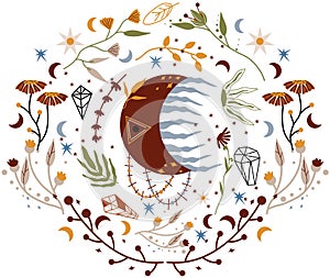 A boho composition with a celestial moon and a colorful wreath with magical flowers, leaves, mystical crystals and more