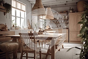 Boho and cozy dining space with family table, rattan chairs, designer pendant lamp, chest of drawers, rug, decorations