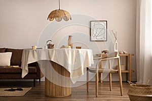 Boho and cozy interior of dining room with round wooden table, design chair, brown sofa, shelf, mock up poster frame, pendant lamp