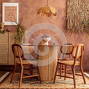 Boho and cozy interior of living room with poster mock up frame, round table, rattan chairs, commode, plants, decoration and