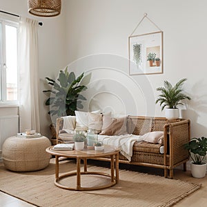 Boho and cozy interior of living room with poster mock up frame, round table, rattan chairs, commode, plants, decoration and acces