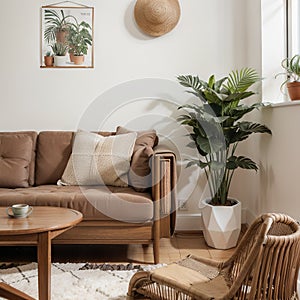 Boho and cozy interior of living room with poster mock up frame, round table, rattan chairs, commode, plants, decoration and acces