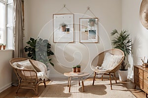 Boho and cozy interior of living room with poster mock up frame, round table, rattan chairs, commode, plants, decoration and acces