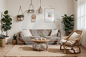 Boho and cozy interior of living room with poster mock up frame, round table, rattan chairs, commode, plants, decoration and acces