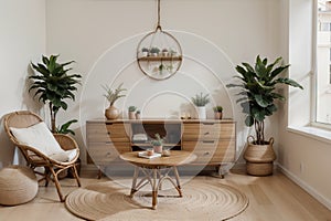 Boho and cozy interior of living room with poster mock up frame, round table, rattan chairs, commode, plants, decoration and acces