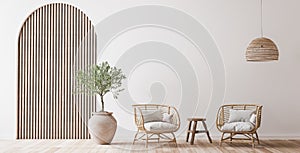Boho cozy living room design, bright wall mockup