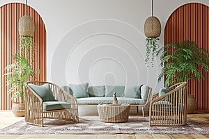 Boho cozy living room design, bright wall mockup, 3d render, 3d illustration.