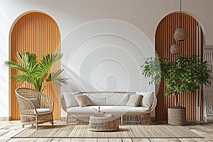 Boho cozy living room design, bright wall mockup, 3d render, 3d illustration.