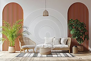 Boho cozy living room design, bright wall mockup, 3d render, 3d illustration.