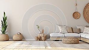 Boho cozy living room design, bright wall mockup. Generative Ai