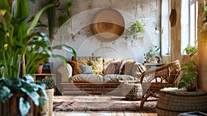 Boho cozy living room design, bright wall mockup. Generative Ai