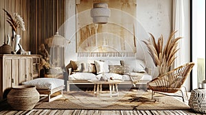 Boho cozy living room design, bright wall mockup. Generative Ai