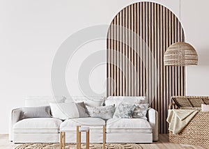 Boho cozy living room design, white comfortable sofa on bright wall mockup