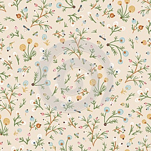 Boho ditsy fantasy flowers seamless pattern, folk floral texture