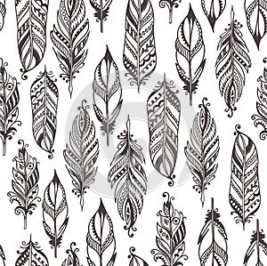 Boho doodle feathers seamless pattern