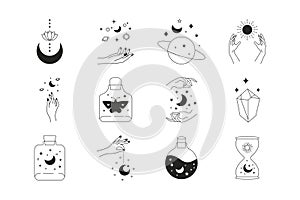 Boho doodle magic icons set. Mystic simple hand drawn logos crystal sun lotus moon. Abstract line vector illustration photo