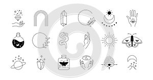 Boho doodle mystic set. Magic simple hand drawn logo icons with snake crystal eye sun moon. Abstract vector illustration