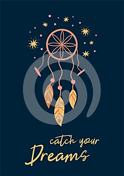 Boho dreamcatcher Catch your dreams card Cute kids boho poster on dark, baby print Vector element