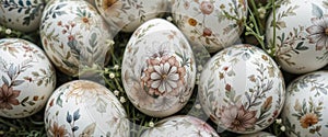 Boho Easter Chic Intricate Floral Patterns, Feathers and Greenery on White Easter Eggs