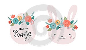 Boho Easter concept design, Banner set with bunnies, eggs and flower crowns in pastel colors