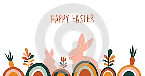 Boho Easter concept design, bunnies, eggs, flowers and rainbows in pastel and terracotta colors, flat vector