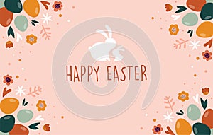 Boho Easter concept design, bunnies, eggs, flowers and rainbows in pastel and terracotta colors, flat vector