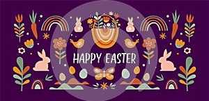Boho Easter concept design, bunnies, eggs, flowers and rainbows in pastel and terracotta colors, flat vector