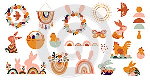 Boho Easter concept design, bunnies, eggs, flowers and rainbows in pastel and terracotta colors, flat vector