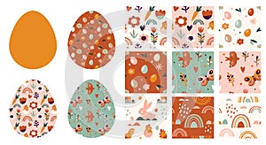 Boho Easter concept design, seamless patterns and bunnies, eggs, flowers and rainbows in pastel and terracotta colors