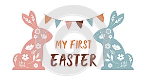Boho Easter concept design, story template and banner set with two floral bunnies