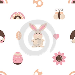Boho Easter seamless pattern with bunny, eggs, rainbows, flowers and butterfly in pastel colors
