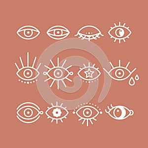 Boho eyes icon set. Geometrical linear eyes collection. White outline. Vector illustration, flat design