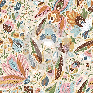 Boho fantasy flowers seamless pattern, folk floral texture