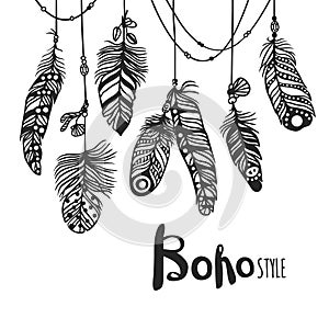Boho feather hand drawn effect vector style illustration