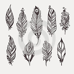 Boho feather hand drawn set