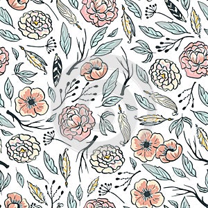 Boho floral design. Pink peonies, branches and feathers. Vector seamless pattern, wallpaper or wedding gift paper.