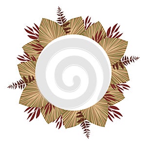 Boho flower wreath hand drawn template. Dry tropical fan palm leaves round border isolated on white background