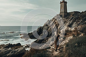 Boho girl exploring cliff with ocean views and tomb entrance, lighthouse birds. Generative AI