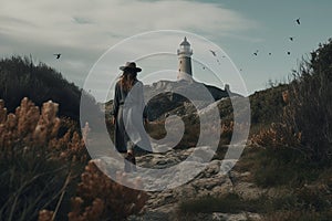 Boho girl exploring cliff with ocean views and tomb entrance, lighthouse birds. Generative AI