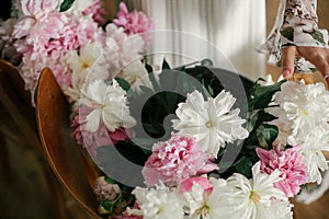 Boho girl holding pink and white peonies in hands at rustic wooden chair. Stylish hipster woman in bohemian dress arranging peony