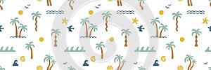 Boho groovy palm tree beach sun sea. Surf club vacation and sunny summer day aesthetic.