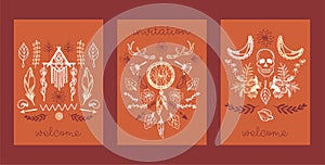 Boho hand drawn set of cards, banners vector illustration. Dream catcher amulet, scull, plants such as flowers with