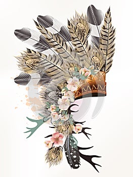 Boho illustration with headdress from feathers tribal vector. Id