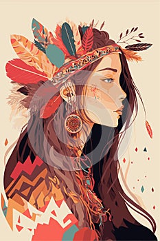 Boho indian tribal girl portrait with feathers in hair and wearing traditional poncho